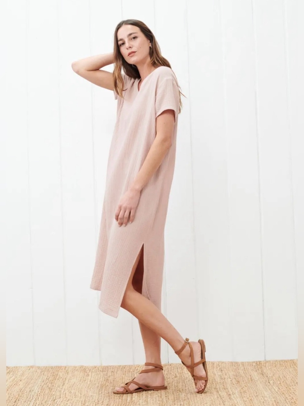 Jenni Kayne Cypress Kaftan Midi Dress Gauzy Cotton Minimalist Capsule